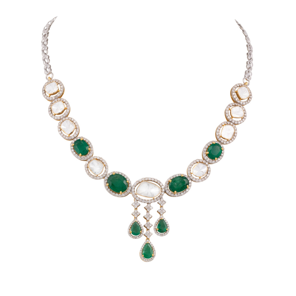 Polki and Zambian Emerald Necklace with Cascading Drops